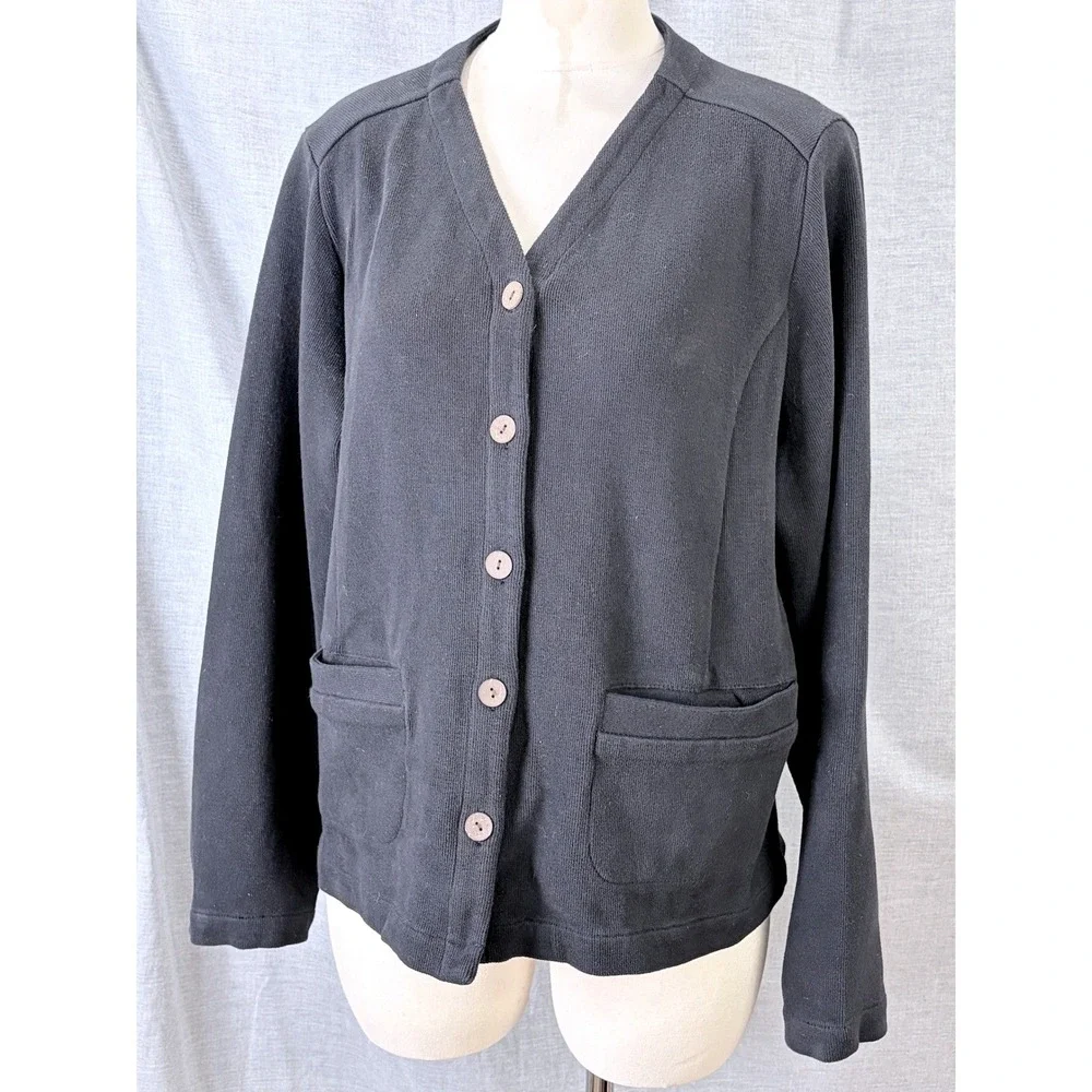 Tommy Bahama Womens Black Ribbed Knit Button Up‎ V-Neck Cardigan Sweater Pockets